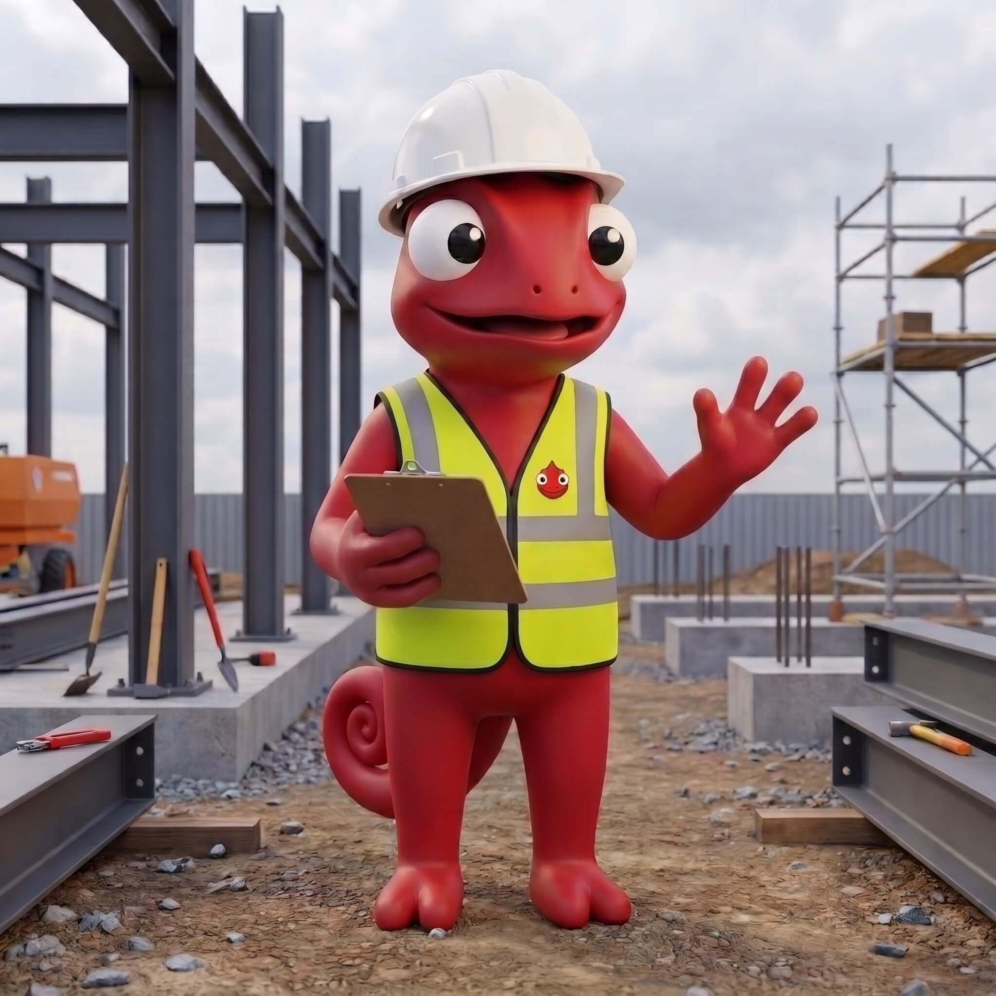 Léon la mascotte MesCertifs sur un chantier supervisant un projet BTP