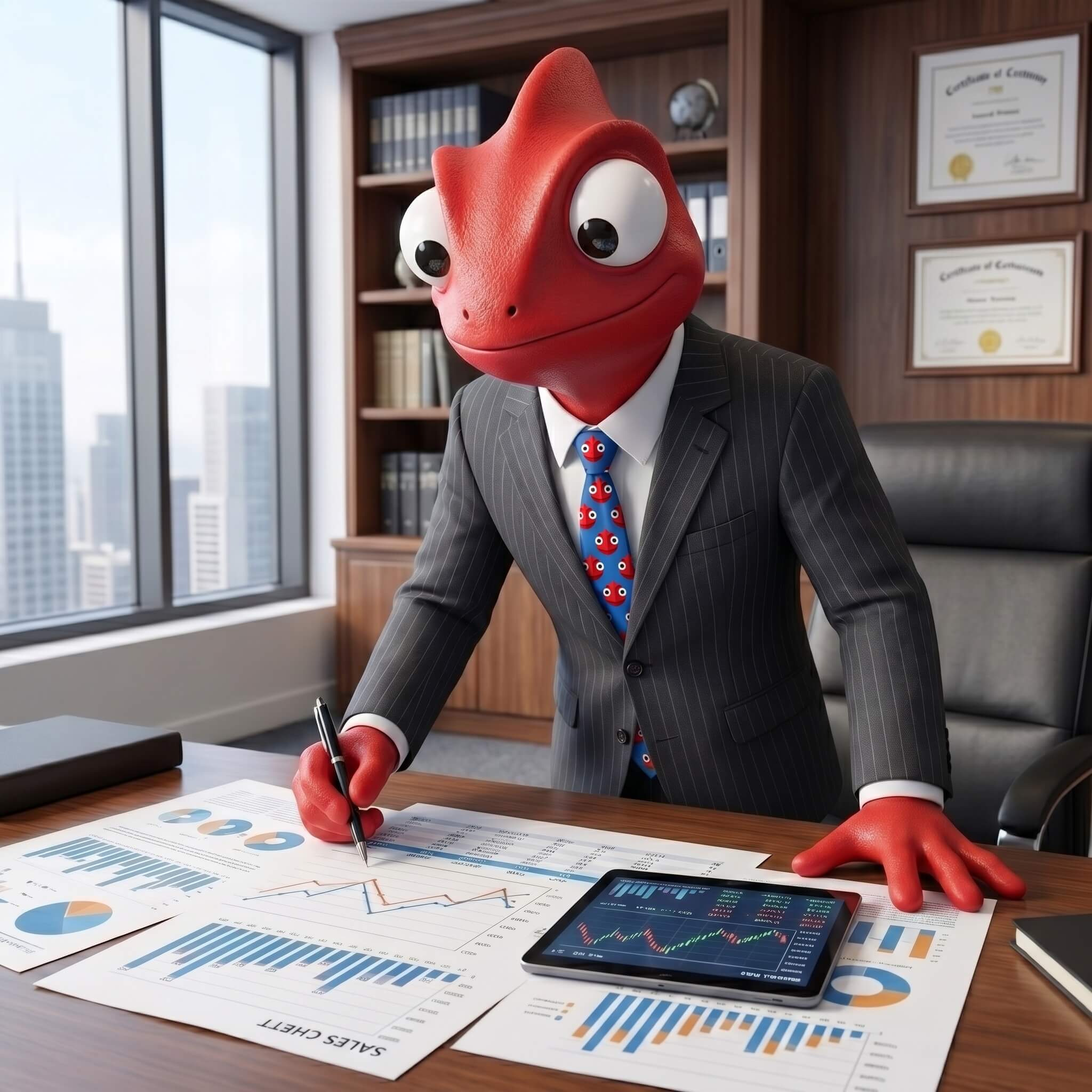 Léon la mascotte MesCertifs devant un tableau de KPI et une carte mondiale analysant le commerce