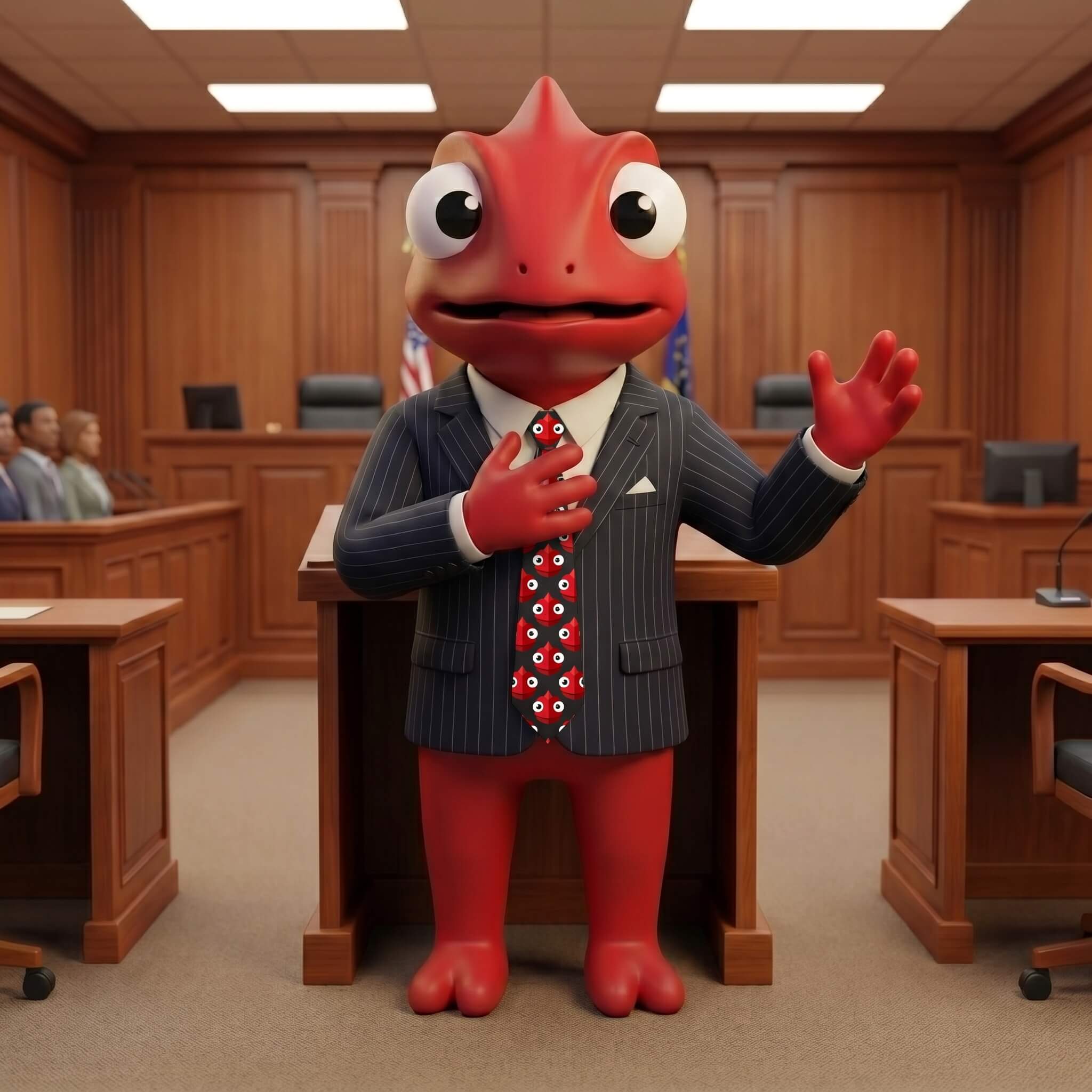 Léon la mascotte MesCertifs devant la balance de justice illustrant une analyse juridique