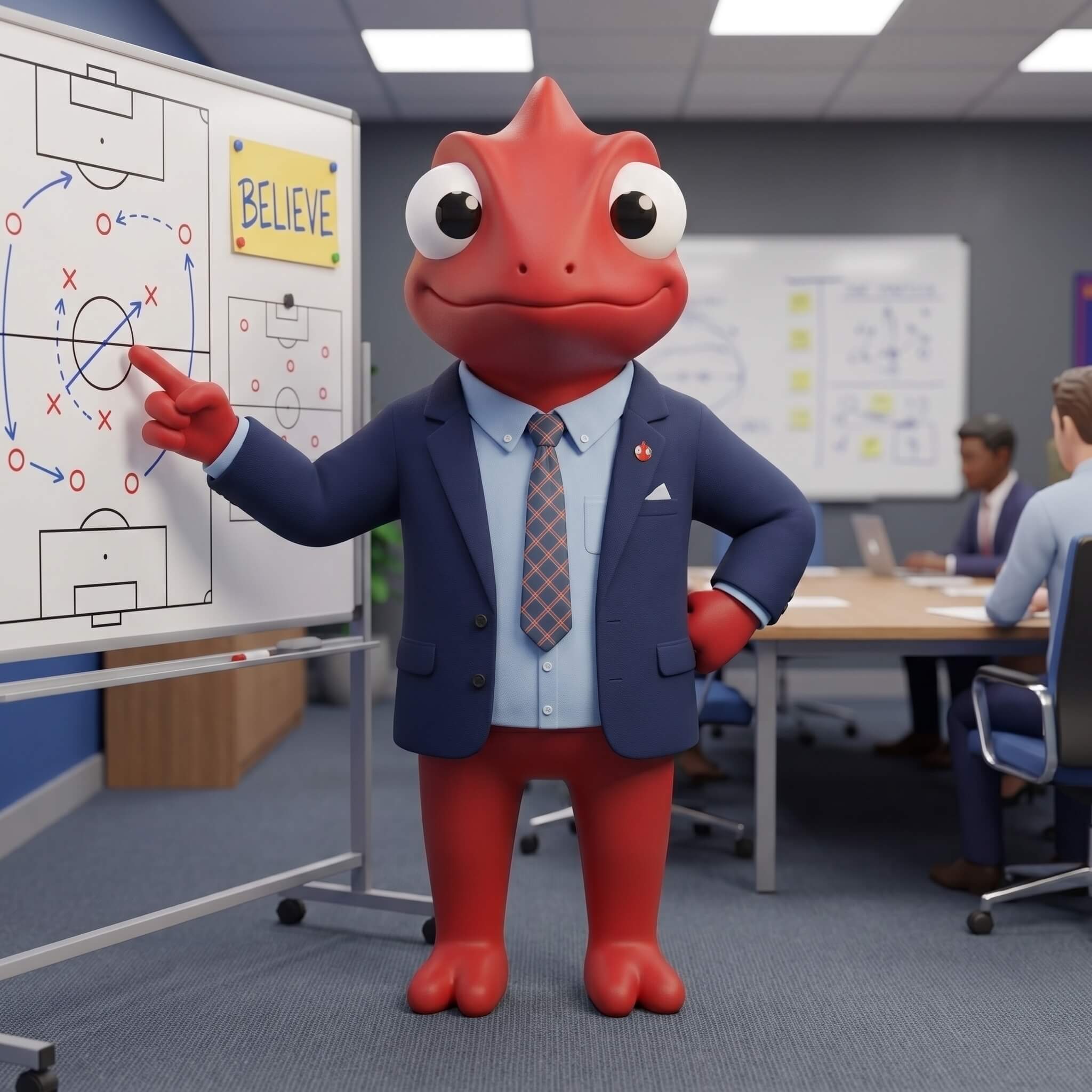 Léon la mascotte MesCertifs en réunion d'équipe analysant une stratégie de management