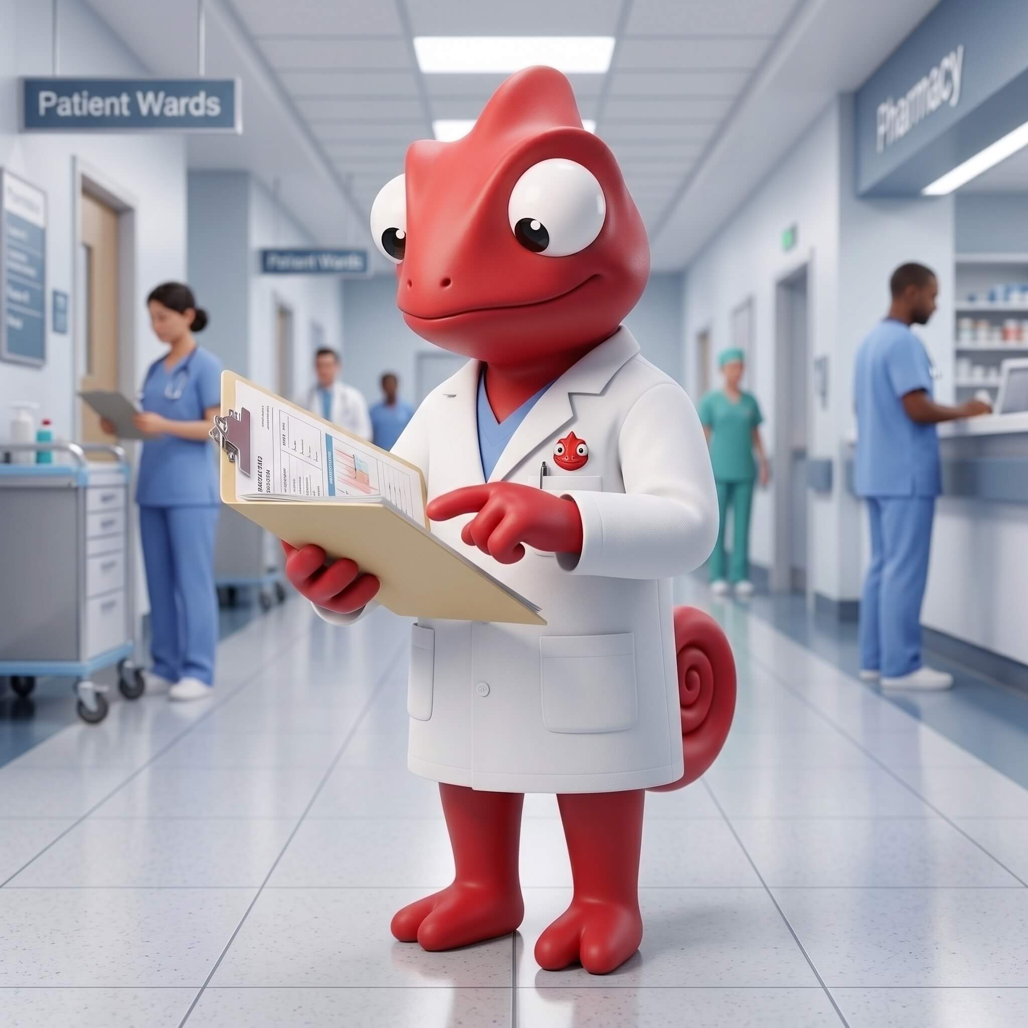 Léon la mascotte MesCertifs avec un stéthoscope analysant un dossier médical
