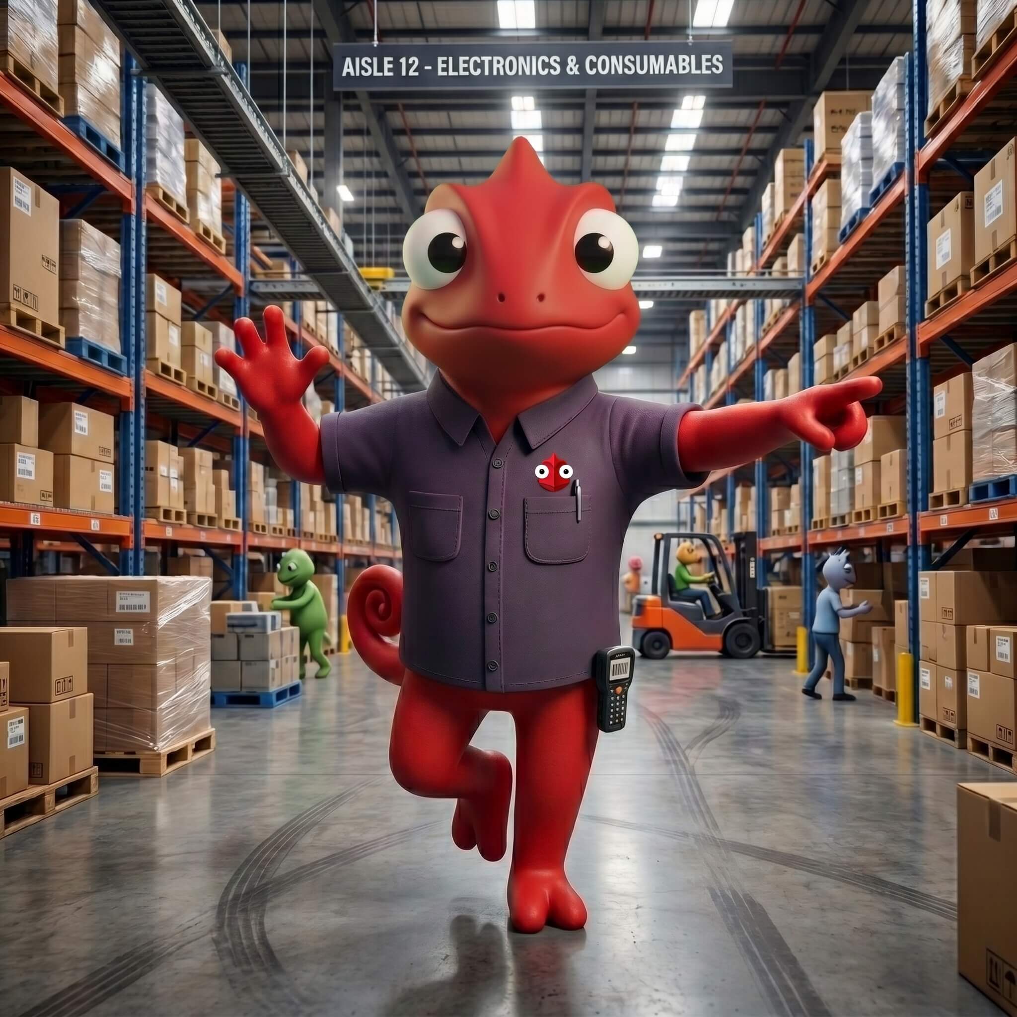 Léon la mascotte MesCertifs dans un port observant des conteneurs de supply chain