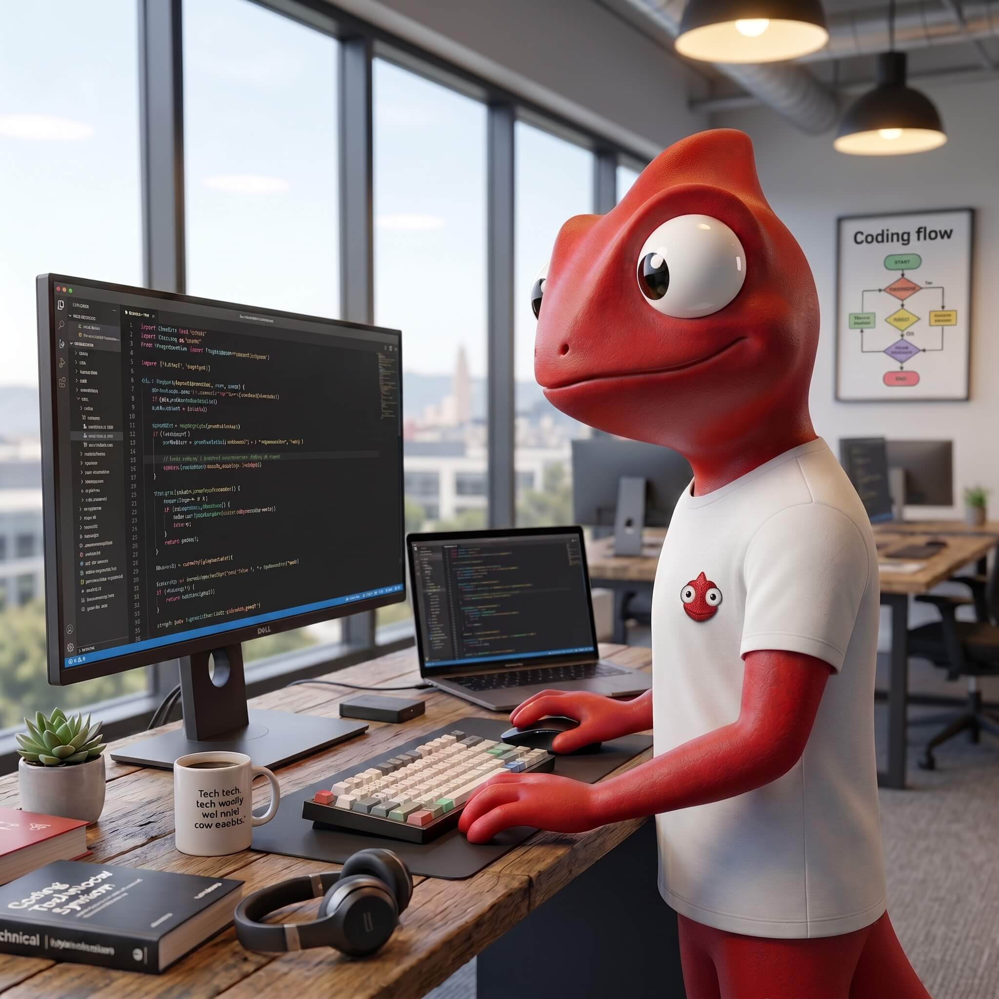 Développeur travaillant sur code logiciel se retournant avec un sourire